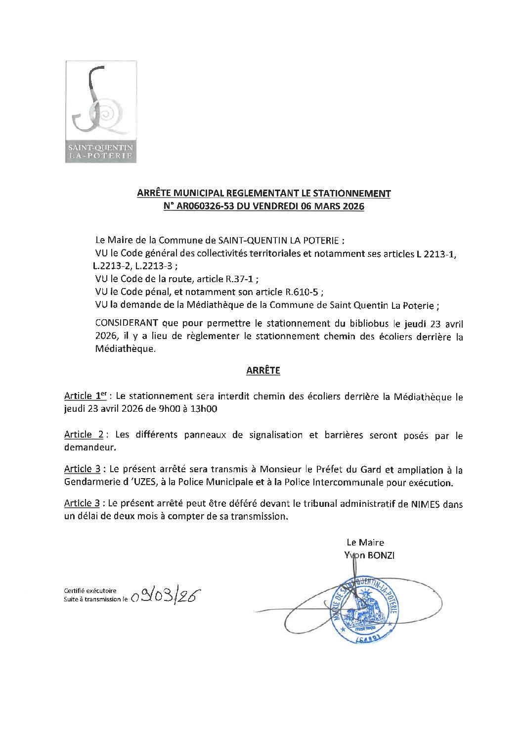 Aperçu du fichier N°AR060326-53 MEDIATHEQUE DE LA COMMUNE DE SAINT QUENTIN LA POTERIE STATIONNEMENT DU BIBLIOBUS CHEMIN DES ECOLIERS 