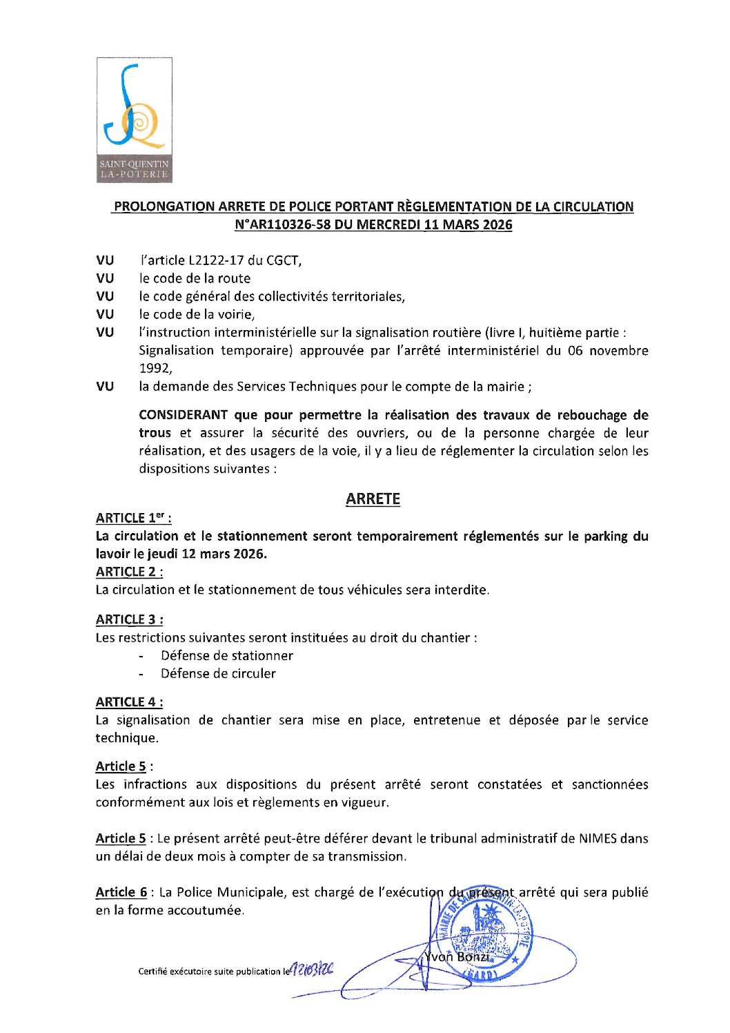 Aperçu du fichier N°AR110326-58 SERVICES TECHNIQUES TRAVAUX DE REBOUCHAGE DE TROUS PARKING DU LAVOIR 