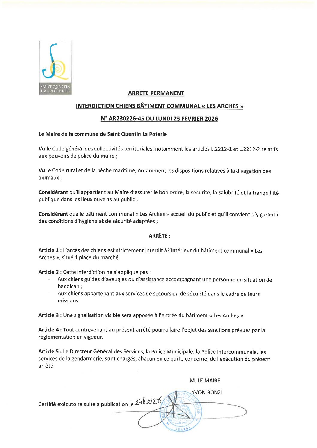 Aperçu du fichier N°AR230226-45 ARRÊTÉ PERMANENT INTERDICTION CHIENS BÂTIMENT COMMUNAL « LES ARCHES » 