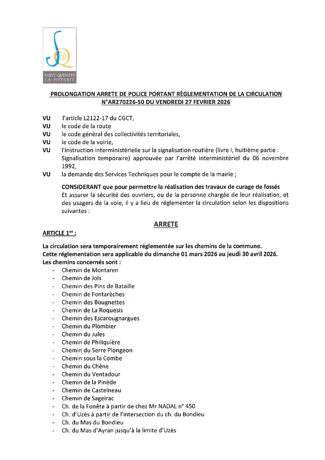 Aperçu du fichier N°AR270226-50 SERVICES TECHNIQUES PROLONGATION TRAVAUX DE CURAGE DE FOSSES SUR LES CHEMINS DE LA COMMUNE 