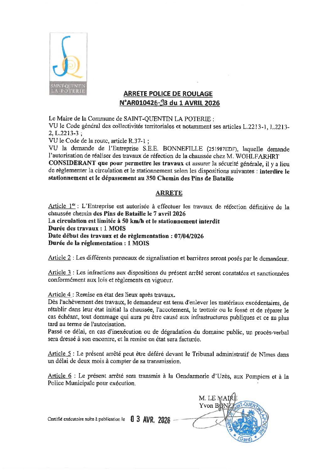 Aperçu du fichier N°AR010426-93 ENTREPRISE S.E.E. BONNEFILLE TRAVAUX DE RÉFECTION DE CHAUSSÉE CHEZ M. WOHLFARHRT 350 CHEMIN DES PINS DE BATAILLE 