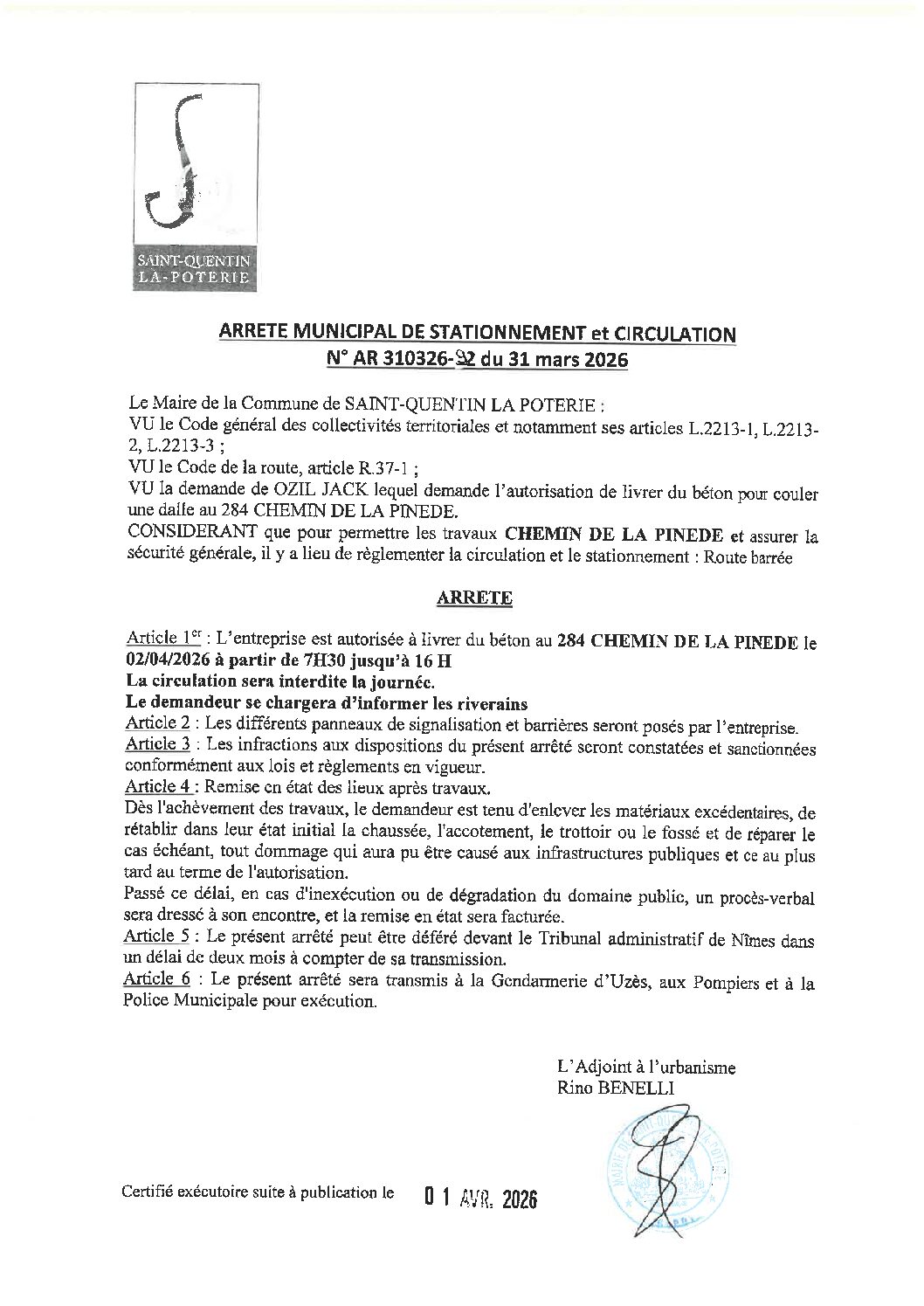 Aperçu du fichier N°AR310326-92 LIVRER DU BÉTON POUR COULER UNE DALLE CHEZ M. OZIL JACK 284 CHEMIN DE LA PINEDE 