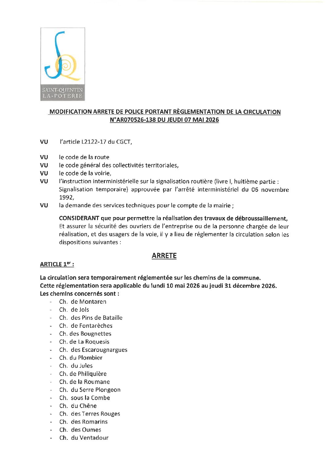 Aperçu du fichier N°AR070526-138 MODIFICATION ARRÊTÉ SERVICES TECHNIQUES TRAVAUX DE DÉBROUSSAILLEMENT CHEMINS DE LA COMMUNE 