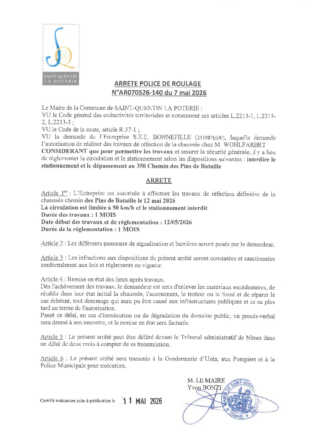 Aperçu du fichier N°AR070526-140 ENTREPRISE S.E.E. BONNEFILLE TRAVAUX DE RÉFECTION DE LA CHAUSSÉE CHEZ M. WOHLFARHRT 350 CHEMIN DES PINS DE BATAILLE 