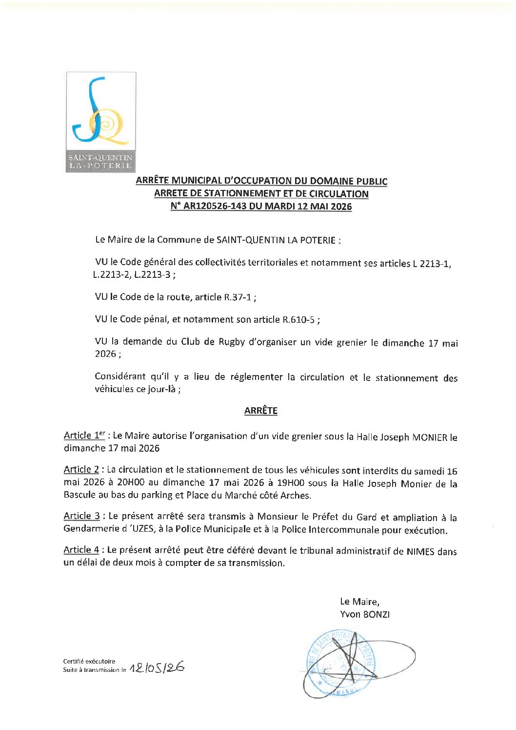 Aperçu du fichier N°AR120526-143 CLUB DE RUGBY ORGANISATION D&rsquo;UN VIDE GRENIER SOUS LA HALLE JOSEPH MONIER 