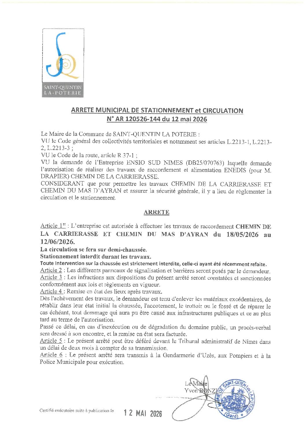 Aperçu du fichier N°AR120526-144 ENTREPRISE ENSIO SUD NIMES TRAVAUX DE RACCORDEMENT ET ALIMENTATION ENEDIS CHEMIN DE LA CARRIERASSE 