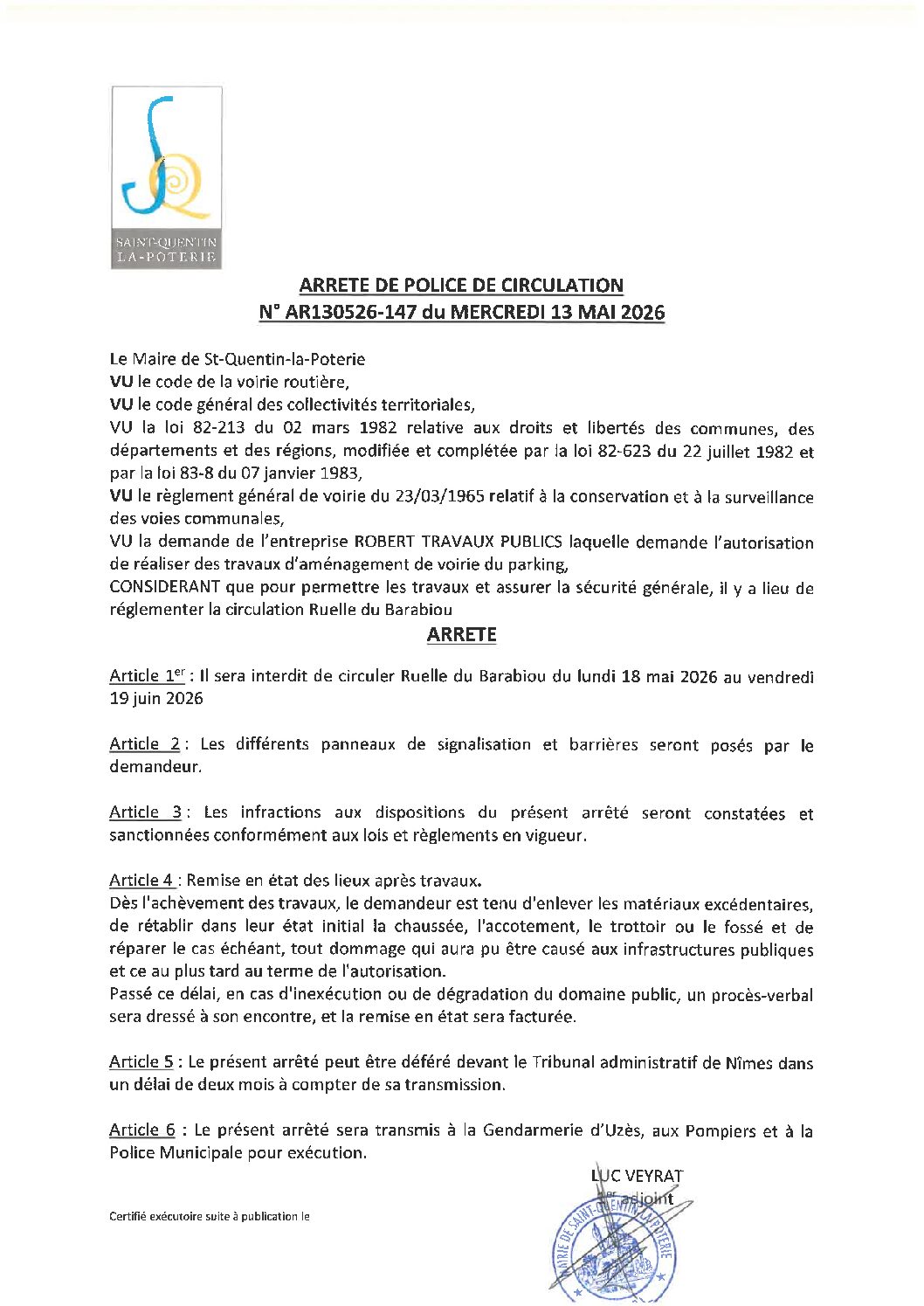 Aperçu du fichier N°AR130526-147 ENTREPRISE ROBERT TRAVAUX PUBLICS TRAVAUX D’AMÉNAGEMENT DE VOIRIE DU PARKING  RUELLE DU BARABIOU 
