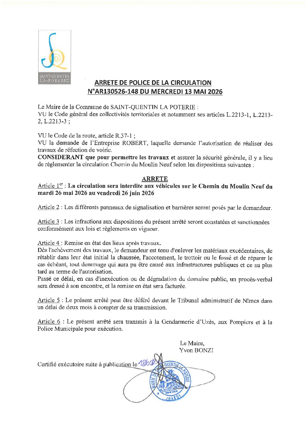 Aperçu du fichier N°AR130526-148 ENTREPRISE ROBERT TRAVAUX DE RÉFECTION DE VOIRIE CHEMIN DU MOULIN NEUF 