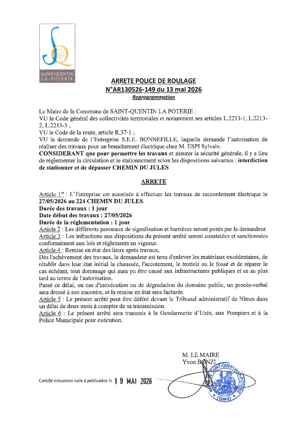 Aperçu du fichier N°AR130526-149 ENTREPRISE S.E.E. BONNEFILLE TRAVAUX POUR UN BRANCHEMENT ÉLECTRIQUE CHEZ M.ESPI SYLVAIN 224 CHEMIN DU JULES 