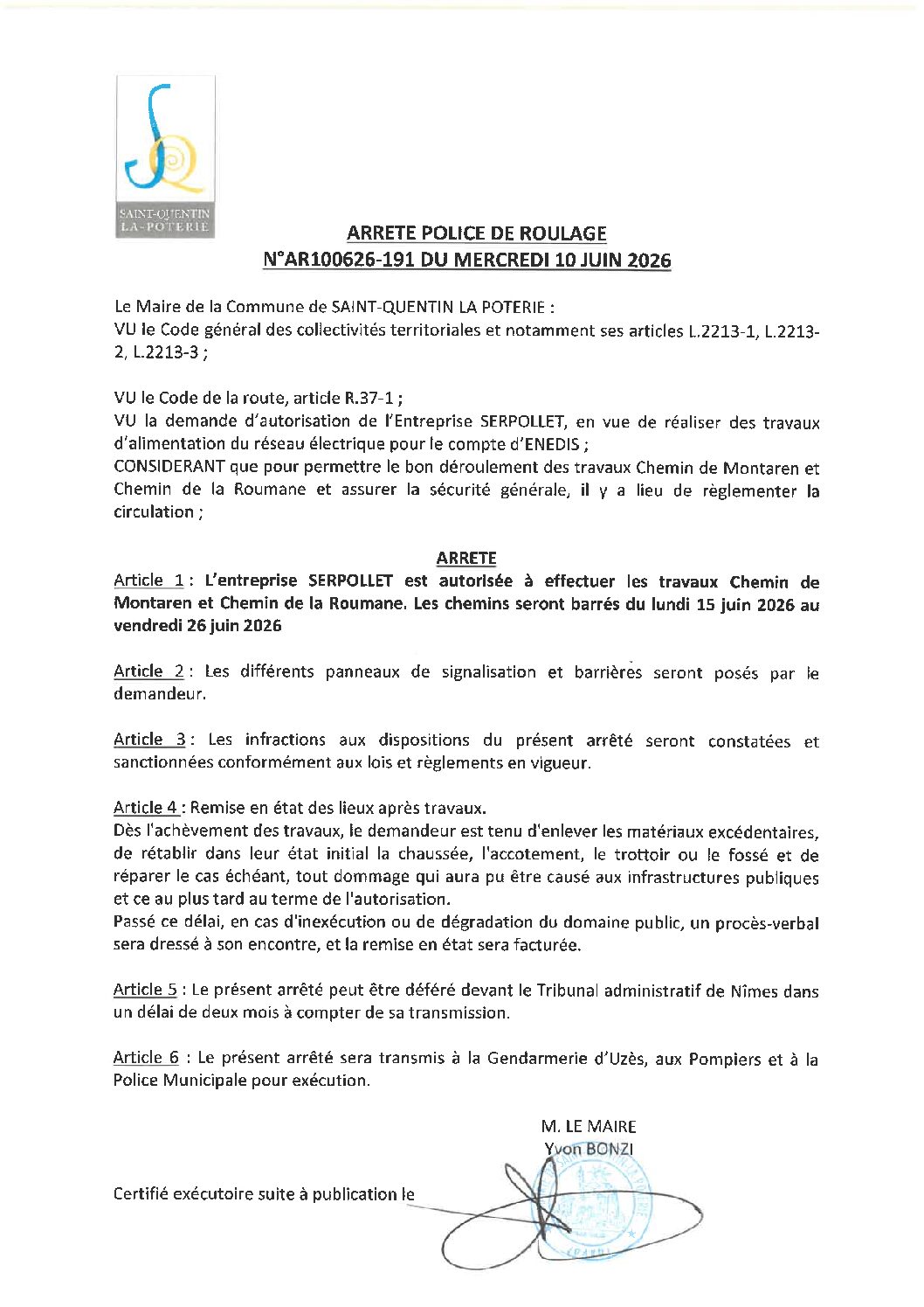 Aperçu du fichier N°AR100626-191 ENTREPRISE SERPOLLET TRAVAUX D&rsquo;ALIMENTATION DU RÉSEAU ÉLECTRIQUE CHEMIN DE MONTAREN ET CHEMIN DE LA ROUMANE 