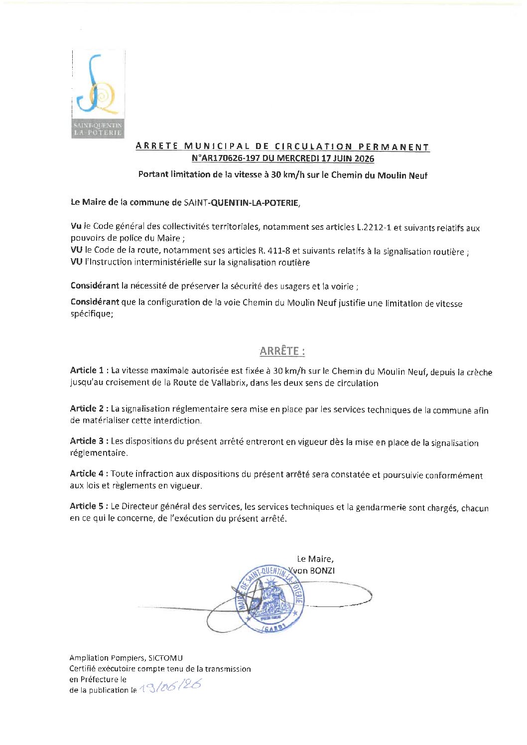 Aperçu du fichier N°AR170626-197 ARRÊTÉ MUNICIPAL DE CIRCULATION PERMANENT PORTANT LIMITATION DE VITESSE A 30KM/H CHEMIN DU MOULIN NEUF 