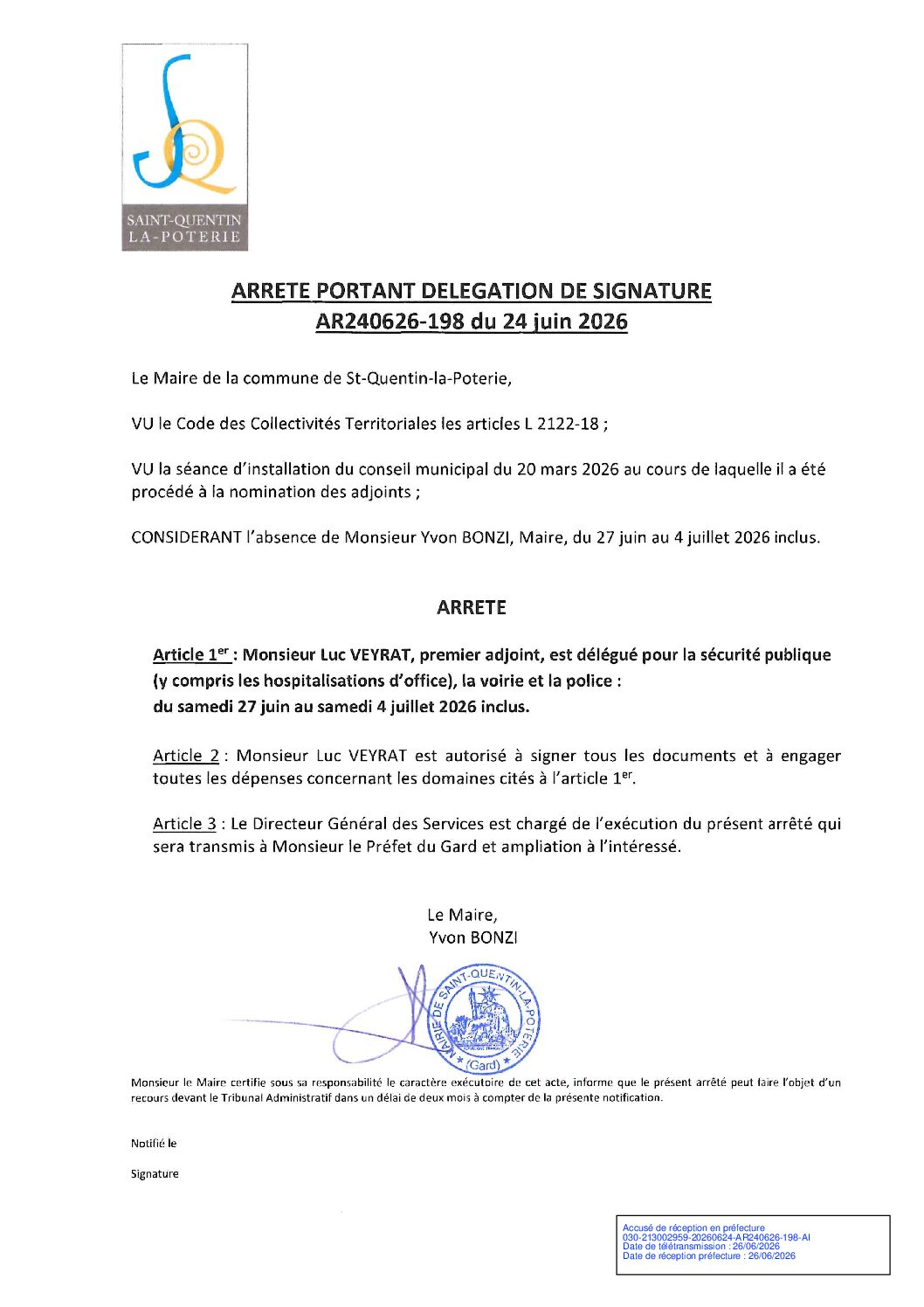 Aperçu du fichier N°AR240626-198 DELEGATION DE SIGNATURE ABSENCE DU MAIRE M. YVON BONZI 