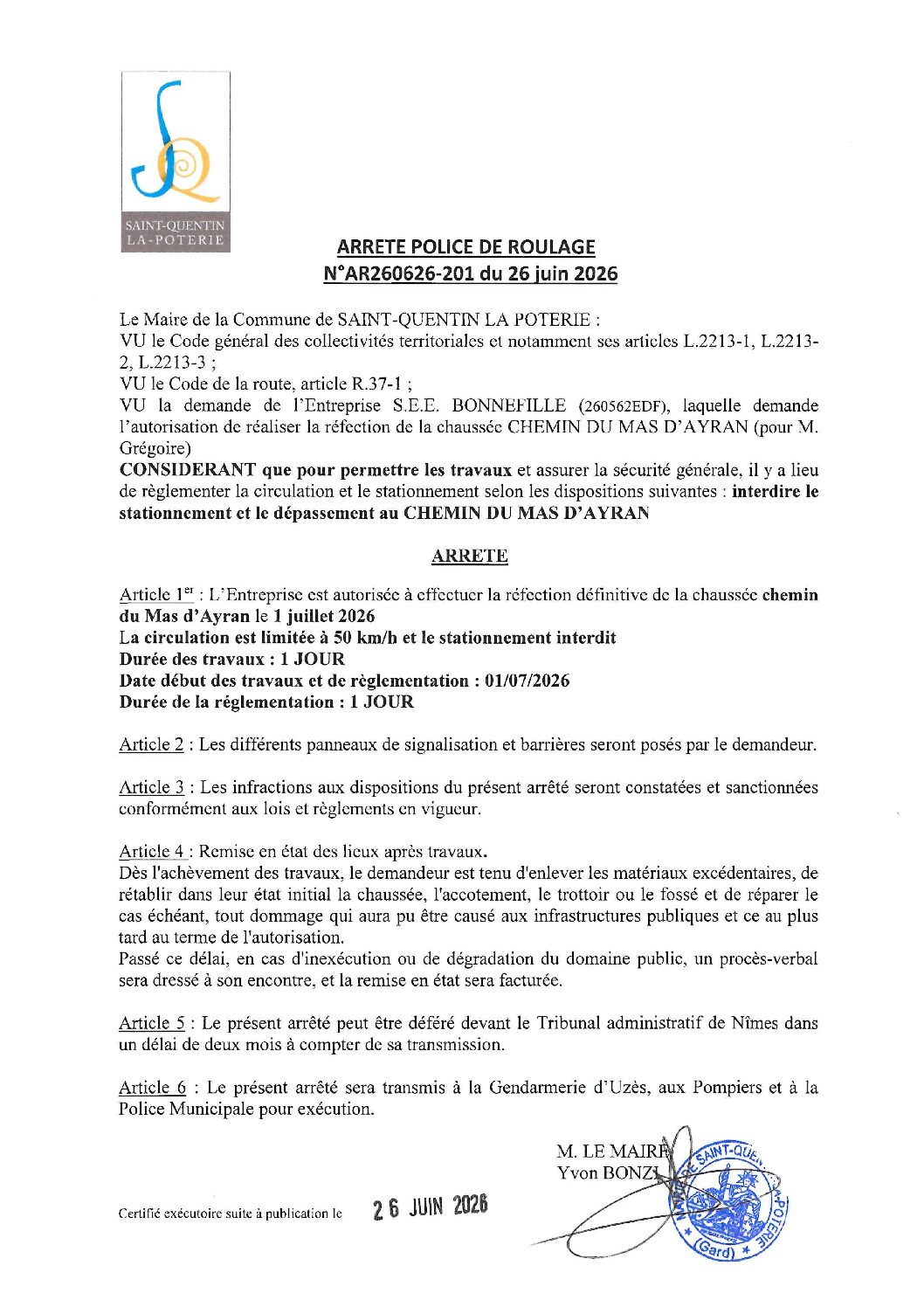 Aperçu du fichier N°AR260626-201 ENTREPRISE S.E.E. BONNEFILLE TRAVAUX DE RÉFECTION DE LA CHAUSSÉE CHEMIN DU MAS D&rsquo;AYRAN 