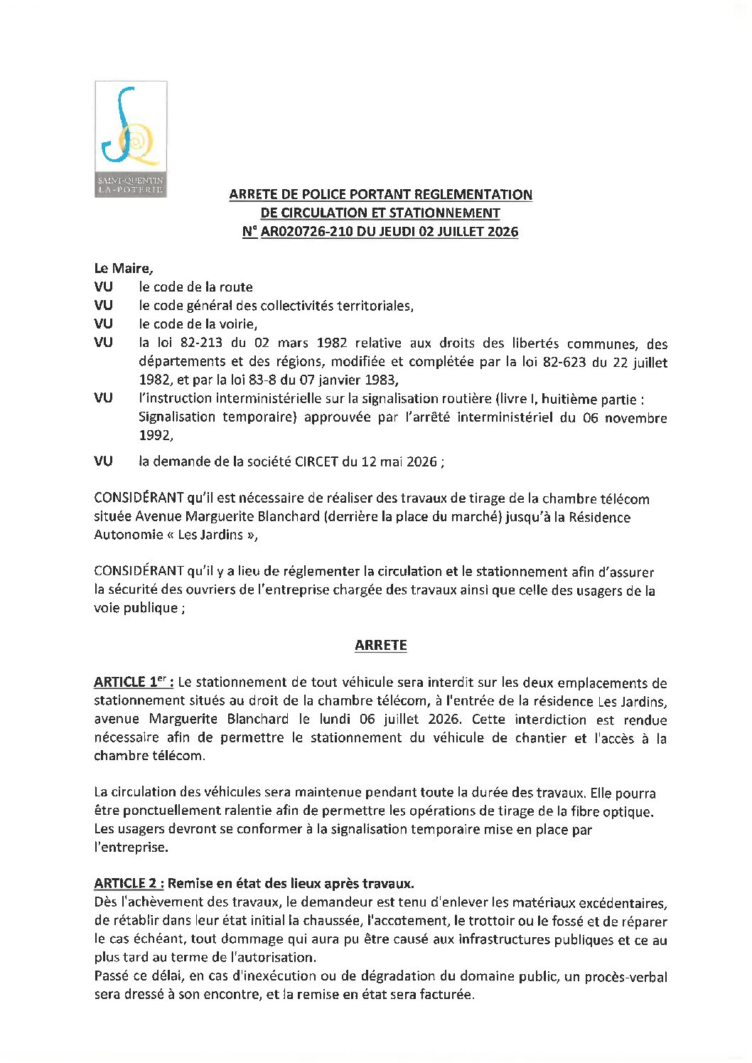 Aperçu du fichier N°AR020726-210 ENTREPRISE CIRCET  TRAVAUX DE TIRAGE DE LA CHAMBRE TELECOM AVENUE MARGUERITE BLANCHARD 