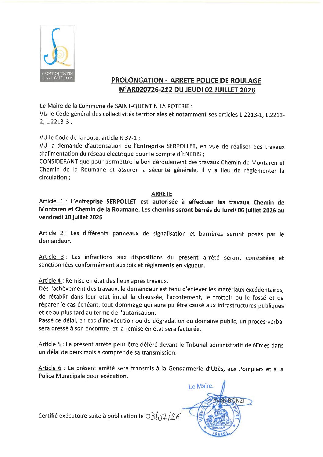 Aperçu du fichier N°AR020726-212 ENTREPRISE SERPOLLET PROLONGATION TRAVAUX D&rsquo;ALIMENTATION DU RÉSEAU ÉLECTRIQUE CHEMIN DE MONTAREN ET CHEMIN DE LA ROUMANE 
