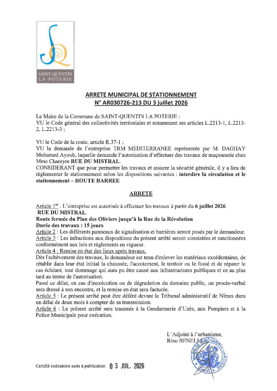 Aperçu du fichier N°AR030726-213 ENTREPRISE TRM MEDITERRANEE TRAVAUX DE MACONNERIE  CHEZ MME. CHAREYRE RUE DU MISTRAL 