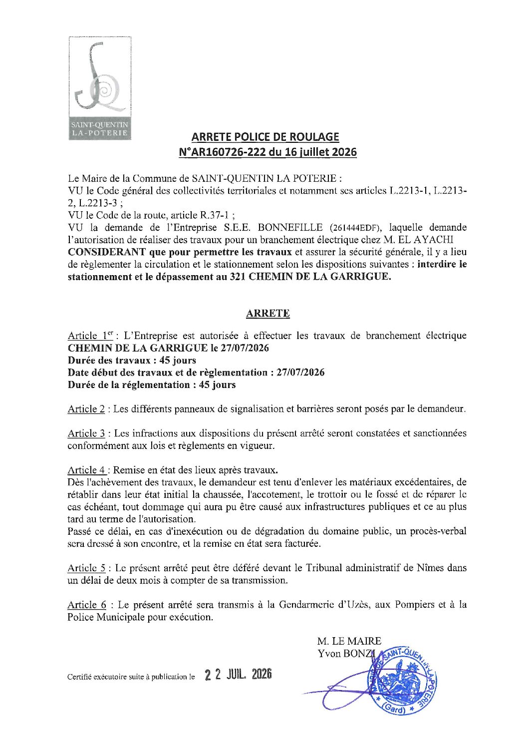Aperçu du fichier N°AR160726-222 ENTREPRISE S.E.E. BONNEFILLE TRAVAUX BRANCHEMENT ÉLECTRIQUE CHEZ M. EL AYACHI 321 CHEMIN DE LA GARRIGUE 