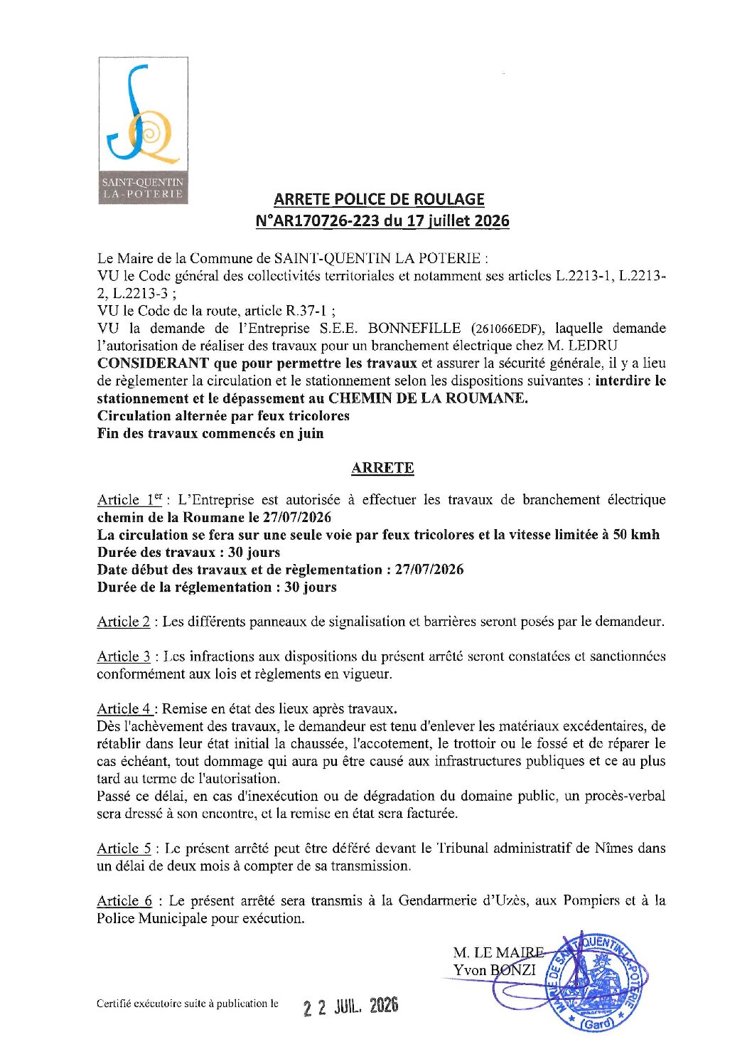 Aperçu du fichier N°AR170726-223 ENTREPRISE S.E.E. BONNEFILLE TRAVAUX BRANCHEMENT ÉLECTRIQUE CHEZ M. LEDRU CHEMIN DE LA ROUMANE 