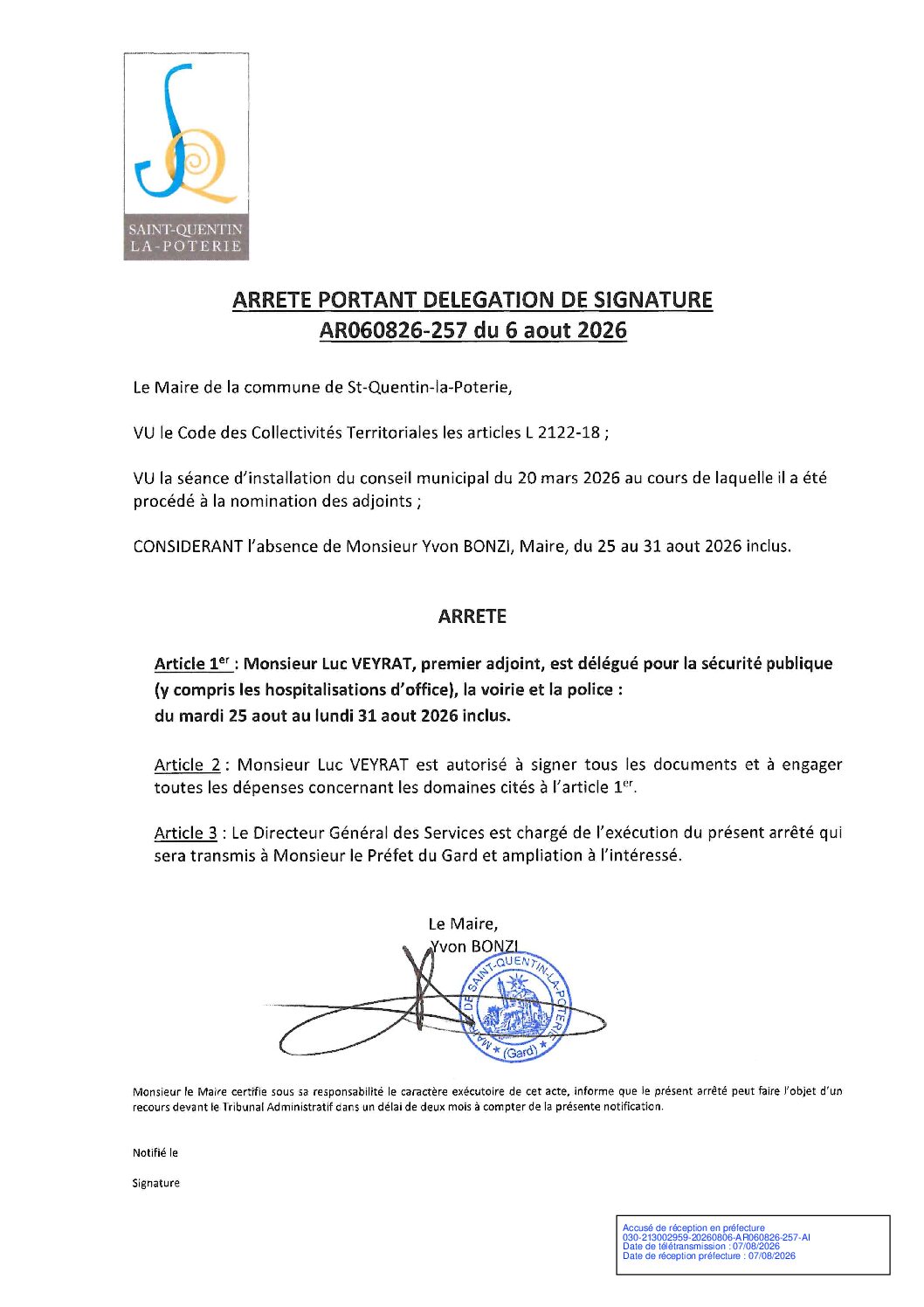 Aperçu du fichier N°AR060826-257 DELEGATION DE SIGNATURE ABSENCE DE M. LE MAIRE YVON BONZI DU 25 AOUT 2026 AU 31 AOUT 2026 