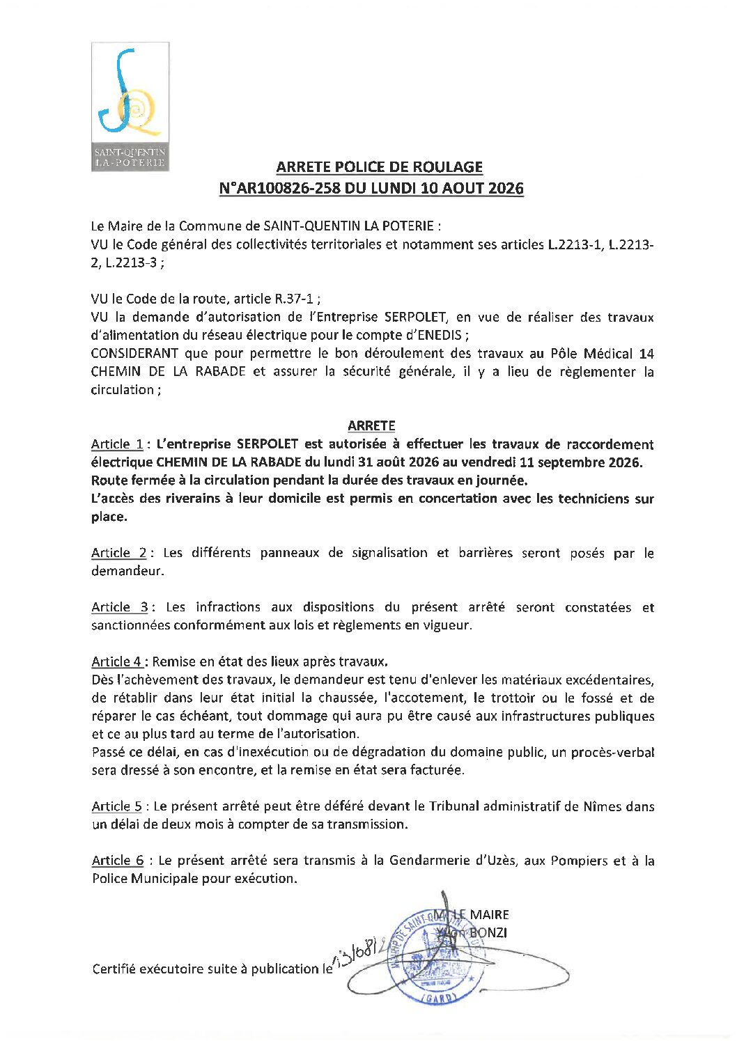 Aperçu du fichier N°AR100826-258 ENTREPRISE SERPOLLET TRAVAUX D&rsquo;ALIMENTATION DU RÉSEAU ÉLECTRIQUE POUR LE COMPTE D&rsquo;ENEDIS AU POLE MÉDICAL 14 CHEMIN DE LA RABADE 
