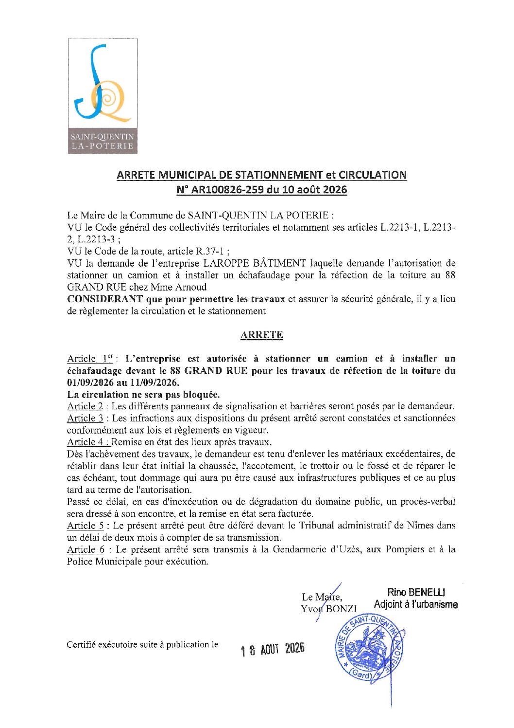 Aperçu du fichier N°AR100826-259 ENTREPRISE LAROPPE BÂTIMENT AUTORISATION DE STATIONNER UN CAMION ET D&rsquo;INSTALLER UN ÉCHAFAUDAGE POUR LA RÉFECTION DE LA TOITURE AU 88 GRAND RUE  CHEZ MME. ARNOUD 