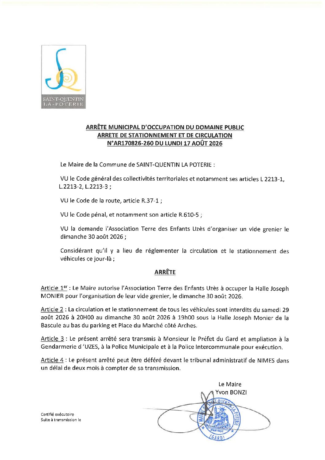 Aperçu du fichier N°AR170826-260 ASSOCIATION TERRE DES ENFANTS ORGANISATION D&rsquo;UN VIDE GRENIER HALLE JOSEPH MONIER DIMANCHE 30 AOUT 2026 