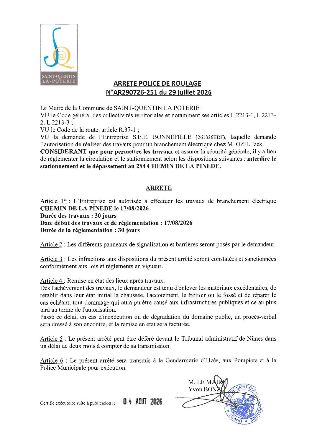 Aperçu du fichier N°AR290726-251 ENTREPRISE S.E.E. BONNEFILLE TRAVAUX POUR UN BRANCHEMENT ÉLECTRIQUE CHEZ M. OZIL JACK 284 CHEMIN DE LA PINÈDE 