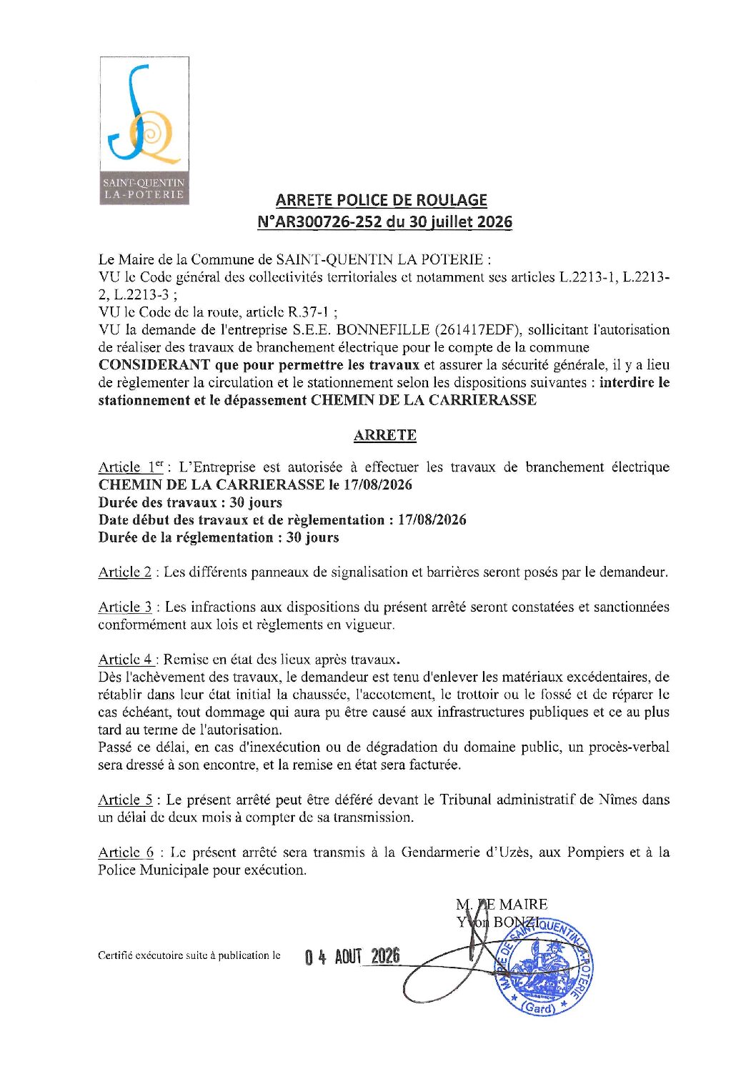 Aperçu du fichier N°AR300726-252 ENTREPRISE S.E.E. BONNEFILLE TRAVAUX DE BRANCHEMENT ÉLECTRIQUE POUR LE COMPTE DE LA COMMUNE CHEMIN DE LA CARRIERASSE 