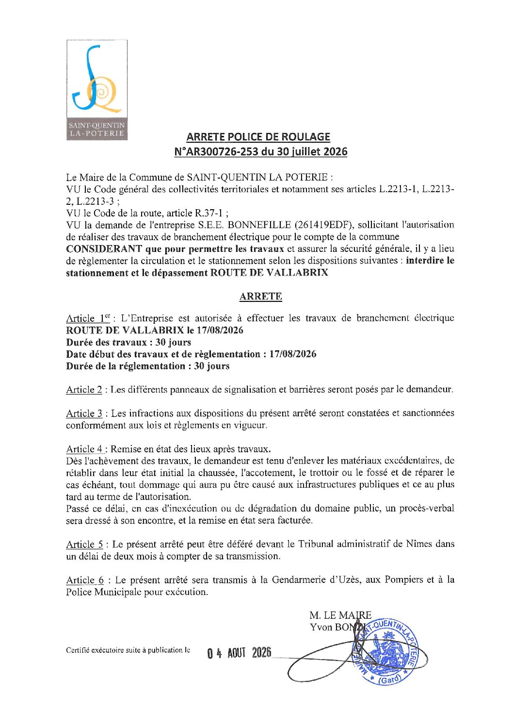 Aperçu du fichier N°AR300726-253 ENTREPRISE S.E.E. BONNEFILLE TRAVAUX DE BRANCHEMENT ÉLECTRIQUE POUR LE COMPTE DE LA COMMUNE ROUTE DE VALLABRIX 