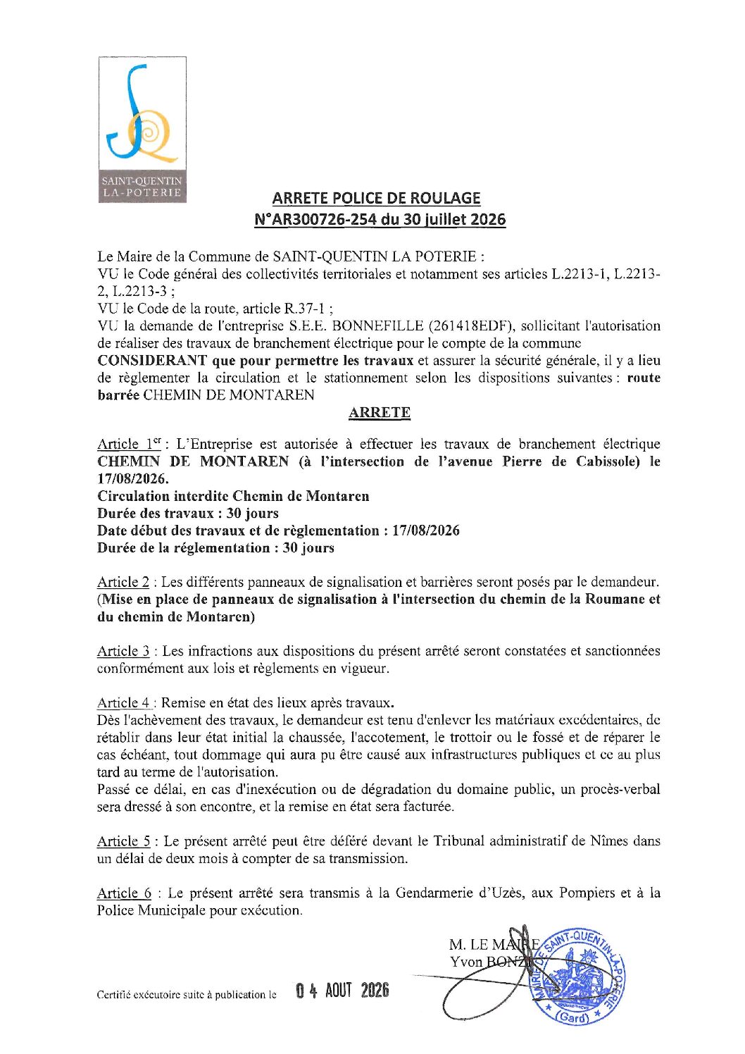 Aperçu du fichier N°AR300726-254 ENTREPRISE S.E.E. BONNEFILLE TRAVAUX DE BRANCHEMENT ÉLECTRIQUE POUR LE COMPTE DE LA COMMUNE CHEMIN DE MONTAREN 