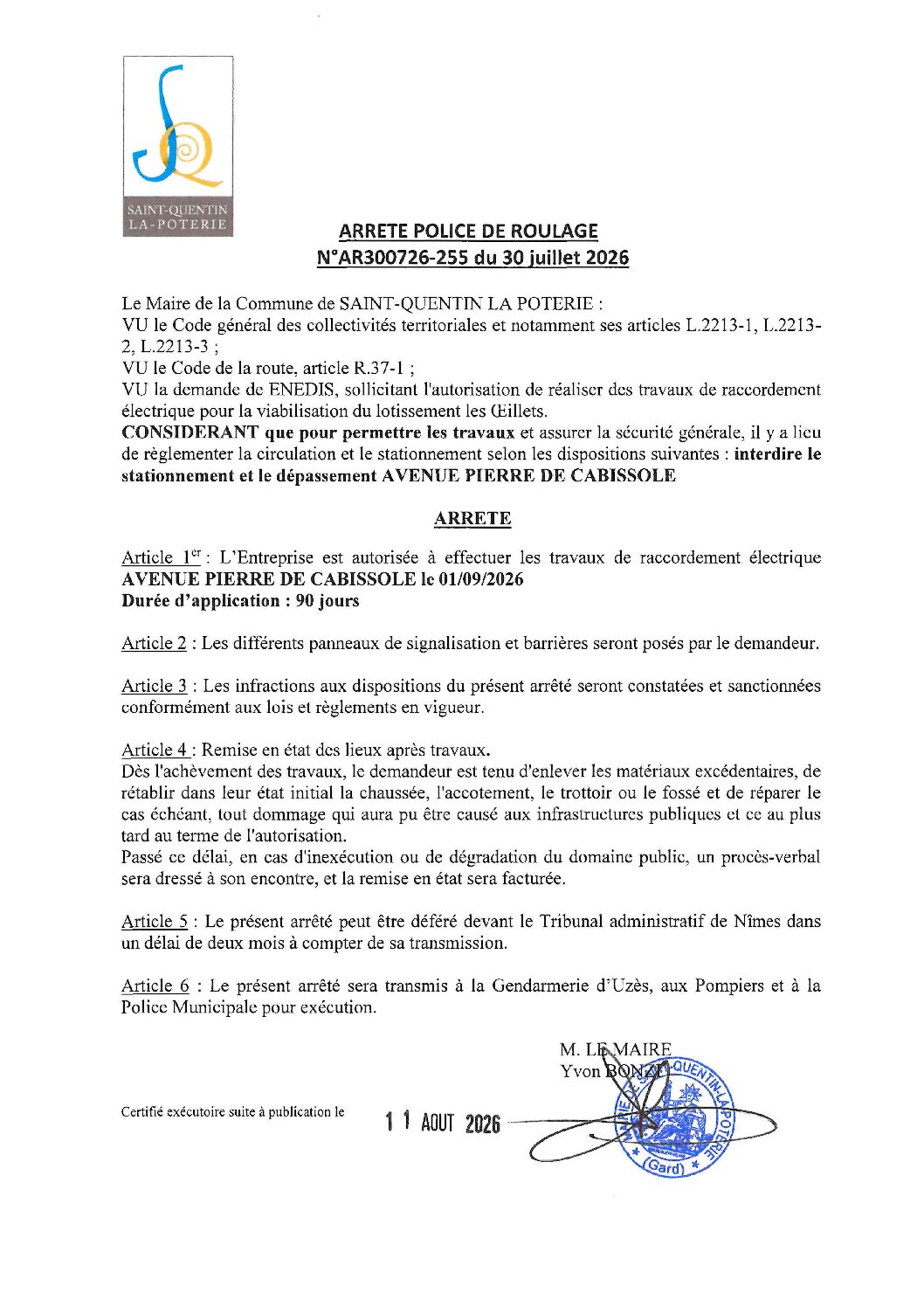 Aperçu du fichier N°AR300726-255 ENEDIS TRAVAUX DE RACCORDEMENT ÉLECTRIQUE POUR LA VIABILISATION DU LOTISSEMENT LES OEILLETS  AVENUE PIERRE DE CABISSOLE 
