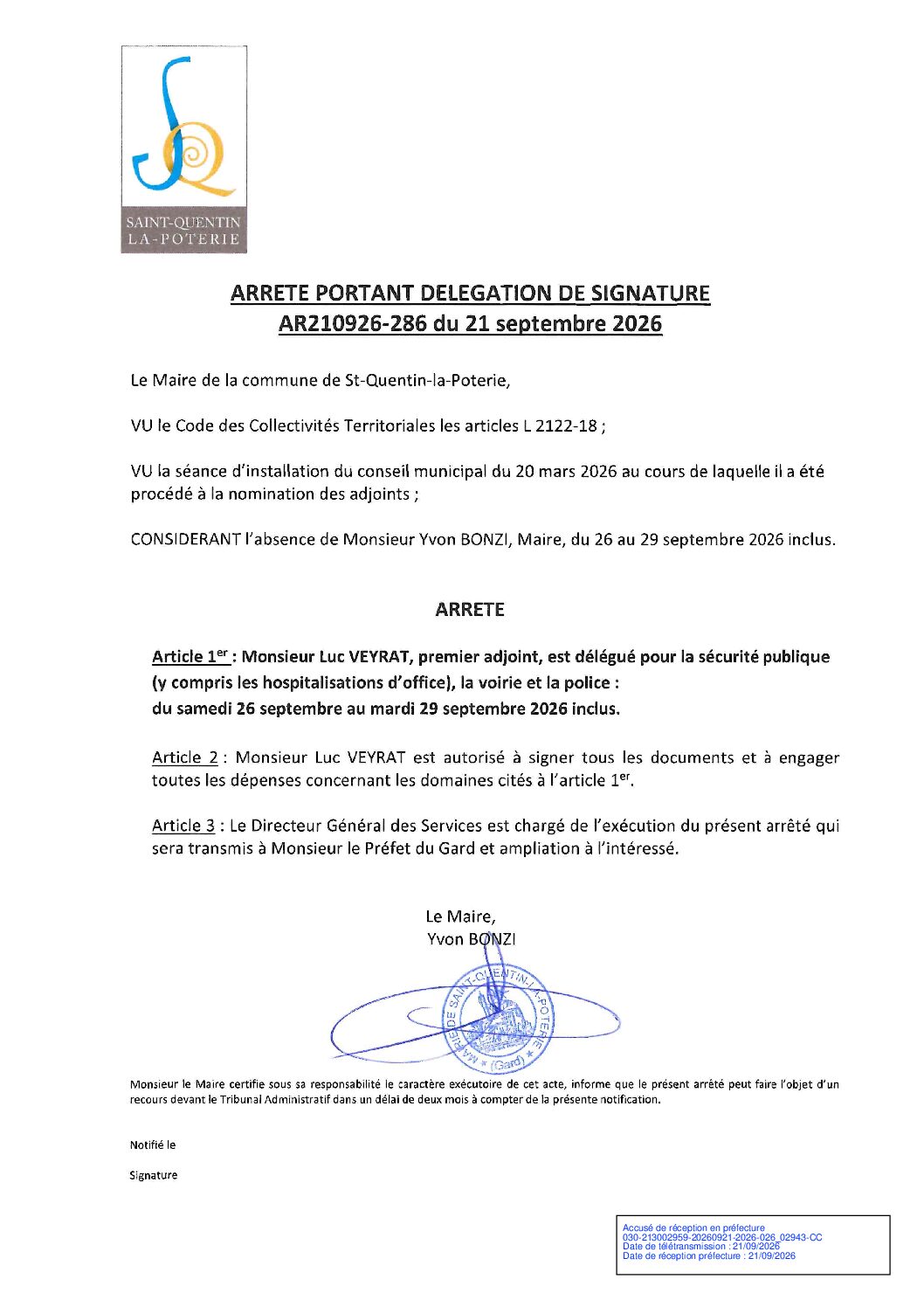 Aperçu du fichier N°AR210926-286 DELEGATION DE SIGNATURE ABSENCE DE M. LE MAIRE DU 26 AU 29 SEPTEMBRE 2026 
