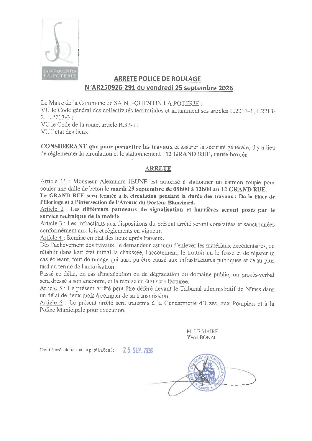 Aperçu du fichier N°AR250926-291 AUTORISATION STATIONNER UN CAMION TOUPIE POUR COULER UNE DALLE DE BÉTON 12 GRAND RUE 