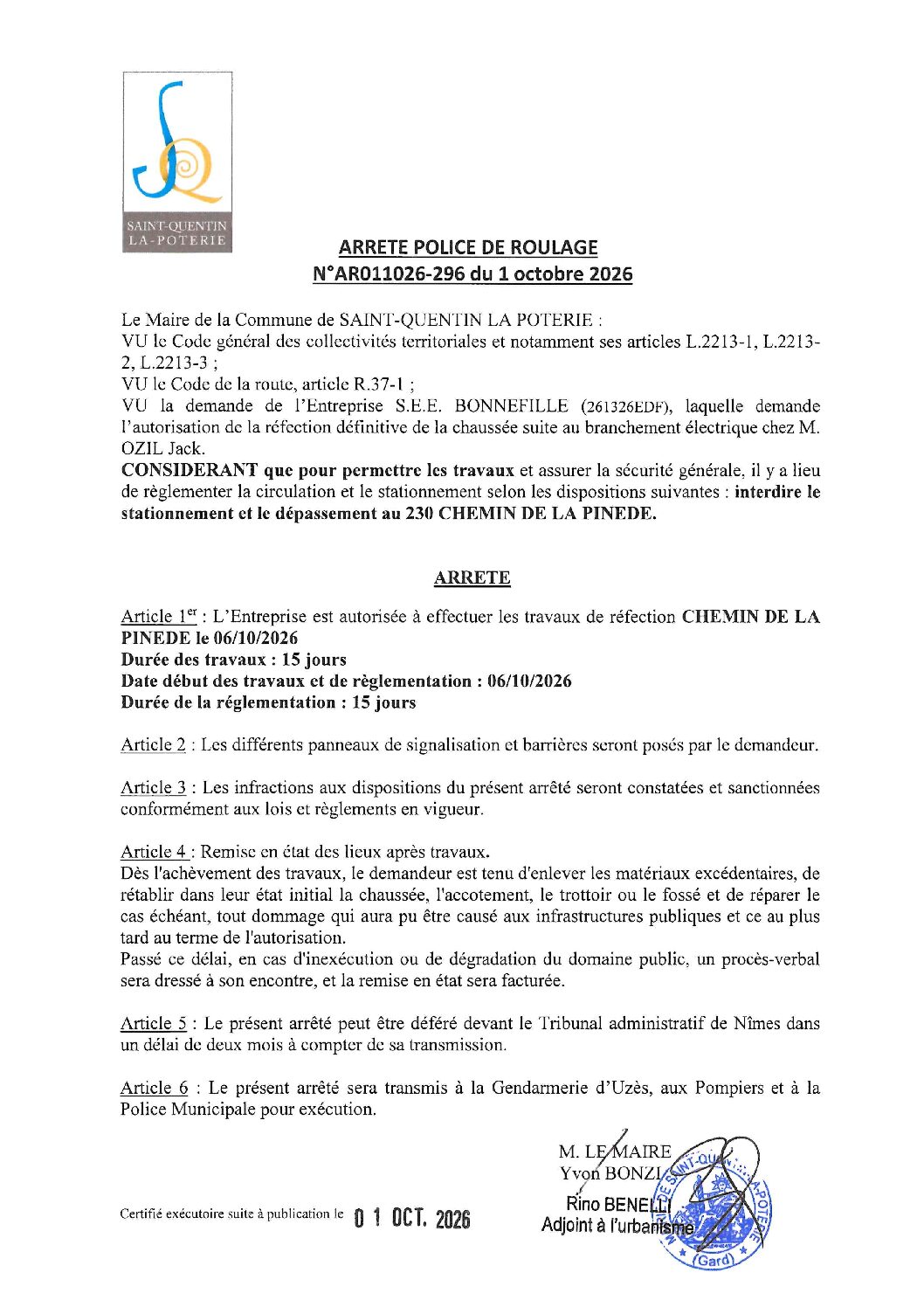 Aperçu du fichier N°AR011026-296 ENTREPRISE S.E.E. BONNEFILLE TRAVAUX DE RÉFECTION DÉFINITIVE DE LA CHAUSSÉE SUITE AU BRANCHEMENT ÉLECTRIQUE CHEZ M. OZIL JACK 230 CHEMIN DE LA PINÈDE 