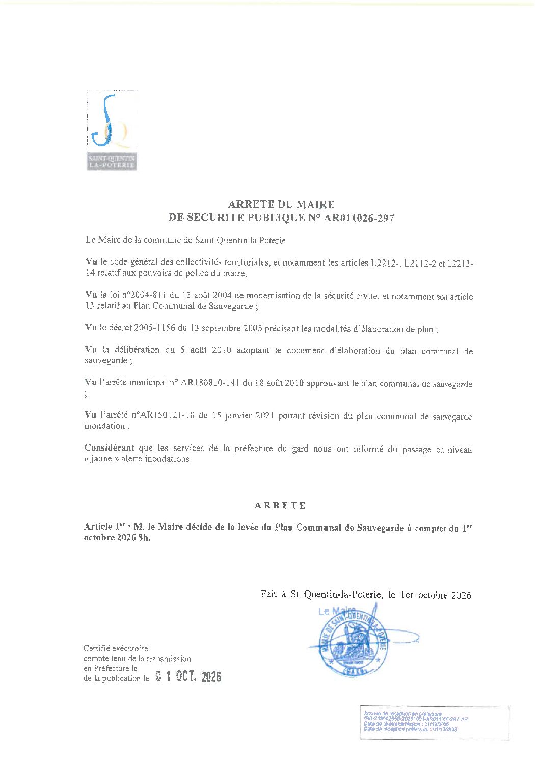 Aperçu du fichier N°AR011026-297 LEVÉE DU PLAN COMMUNAL DE SAUVEGARDE A COMPTER DU 1ER OCTOBRE 2026 8H 