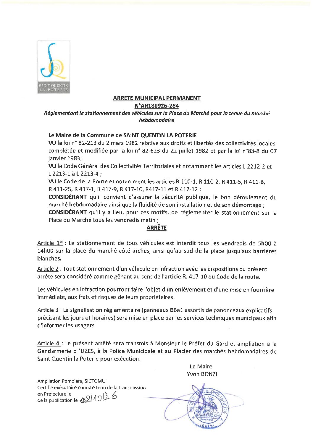 Aperçu du fichier N°AR180926-284 ARRÊTÉ PERMANENT  RÈGLEMENTANT LE STATIONNEMENT DES VÉHICULES SUR LA PLACE DU MARCHE DURANT LE MARCHE HEBDOMADAIRE DU VENDREDI 