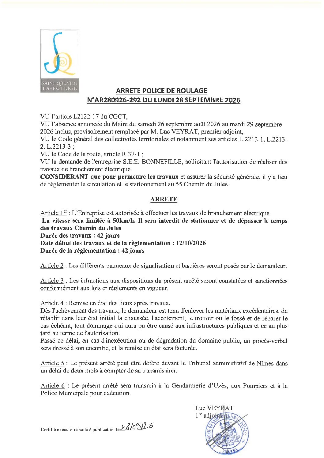 Aperçu du fichier N°AR280926-292 ENTREPRISE S.E.E. BONNEFILLE TRAVAUX DE BRANCHEMENT ÉLECTRIQUE 55 CHEMIN DU JULES 