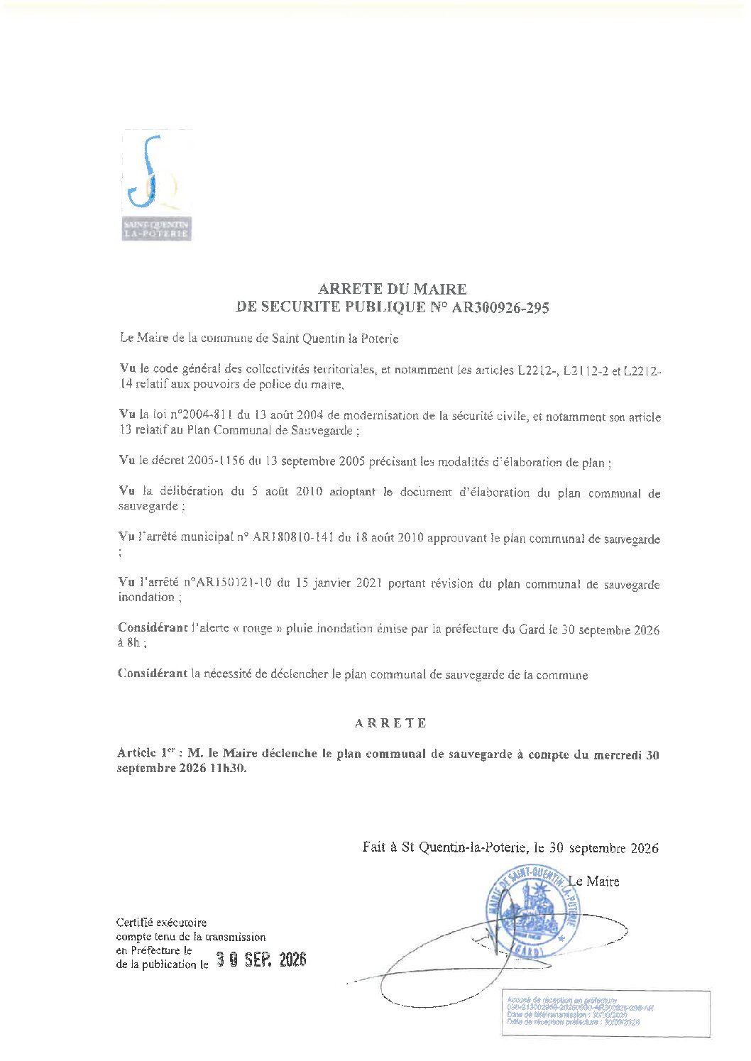 Aperçu du fichier N°AR300926-295 DÉCLENCHEMENT DU PLAN COMMUNAL DE SAUVEGARDE A COMPTER DU 30 SEPTEMBRE 2026 11H30 